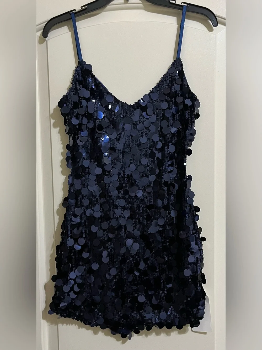 NEW Klesis Midnight Blue Sequins Disk Mini Sparkling V-Neck Dress Size Small